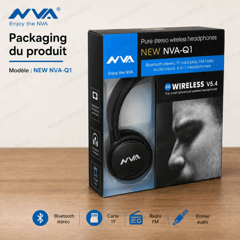 Casque Bluetooth Sans Fil avec Microphone NVA-Q1 V5.3 Casque Stéréo Pliable avec Carte SD Radio FM et Entrée Audio