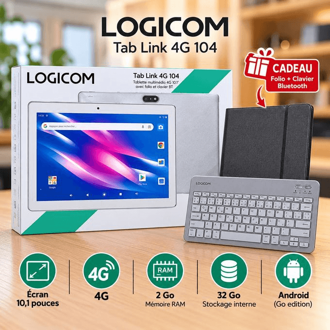 Logicom Tablette Tab Link 4G 104 10,1" 32 Go avec Folio et Clavier Bluetooth