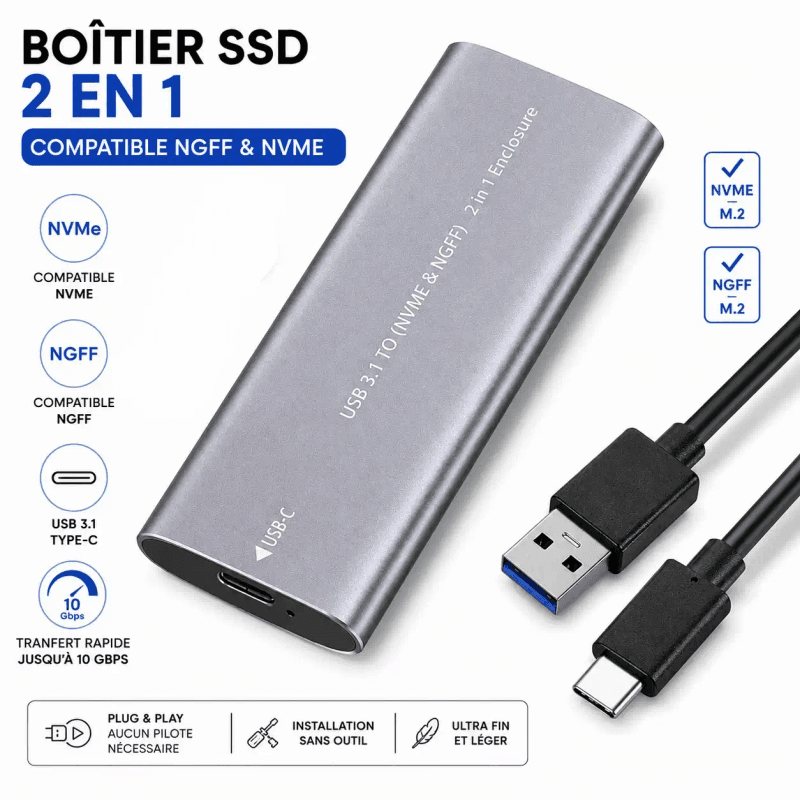 Boîtier SSD M.2 portable en Aluminium double protocole NVMe NGFF USB-C pour stockage mobile, compatible ordinateurs portables